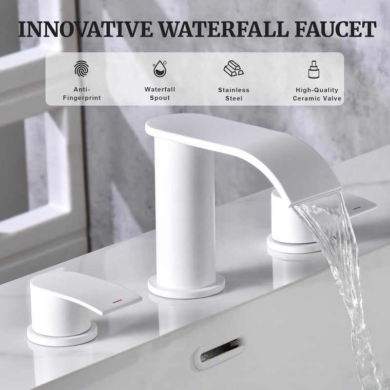 Ultimate Unicorn 8 inch Bathroom Faucet White, Waterfall Bathroom Sink Faucet with Metal Pop-up Drain Stopper and 2 Supply Hoses,2 Handle Widespread Faucets for Vanity Sink 3 Holes - Image 5